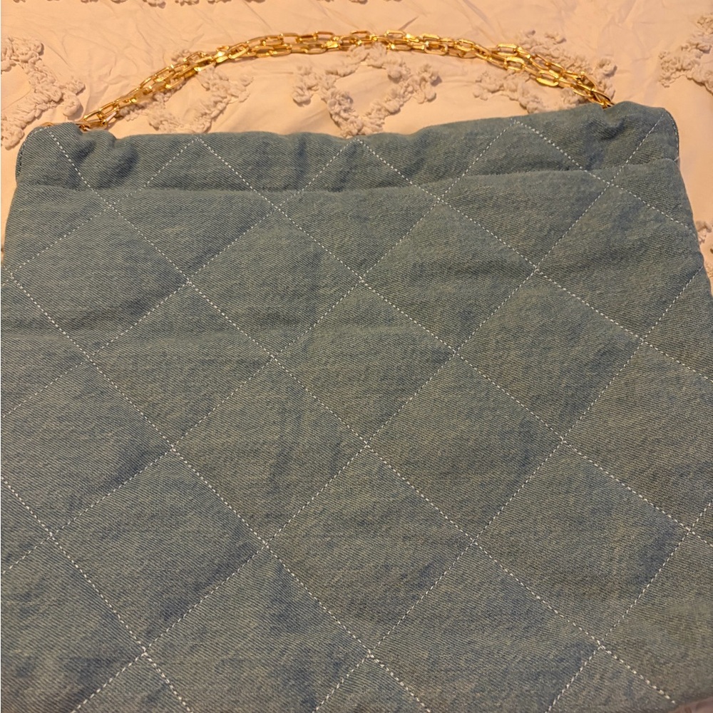 LOFT Quilted Blue Shoulder Bag with Gold Chain
